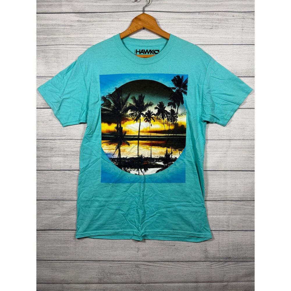 Tony Hawk Men's M Aqua Blue Tropical Sunset Palm Tree Graphic T-Shirt 1473